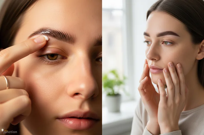 Eyebrow Transplant vs. Microblading – A side-by-side comparison of aftercare: on the left, a woman applying ointment after an eyebrow transplant, and on the right, a woman avoiding makeup post-microblading.