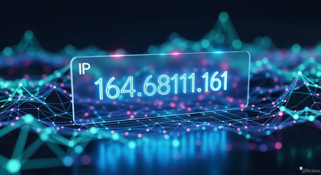 A glowing, futuristic IP address 164.68111.161 displayed on a digital screen with a background of a flowing network and data nodes.