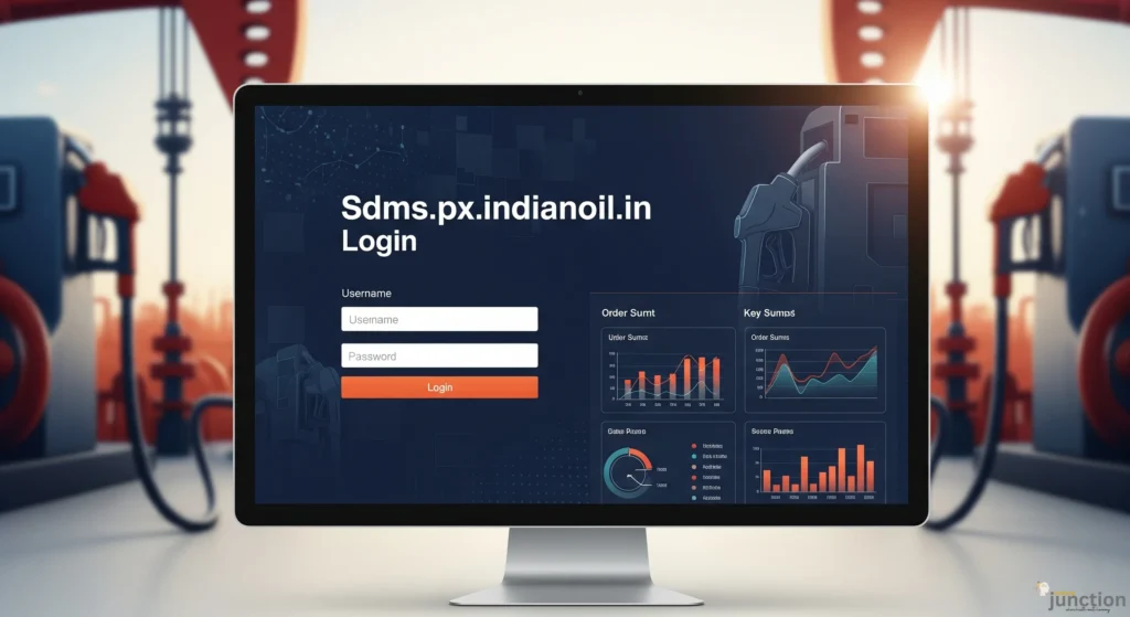 A computer screen displaying a login portal for sdms.px.indianoil.in login with a background of fuel pumps, symbolizing Indian Oil's digital services.