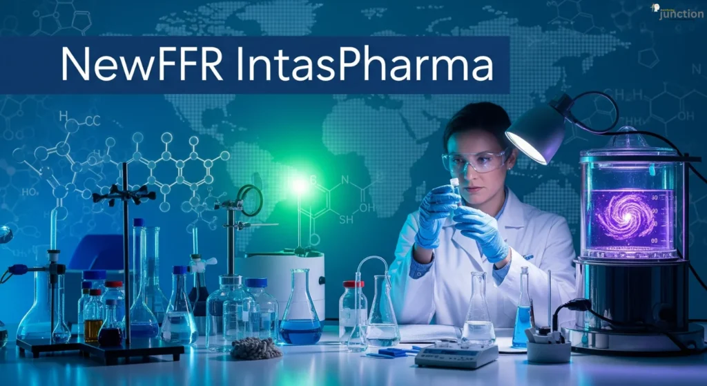 A scientist in a lab coat working with vials and advanced equipment, with a subtle world map in the background, representing newFFR IntasPharma.