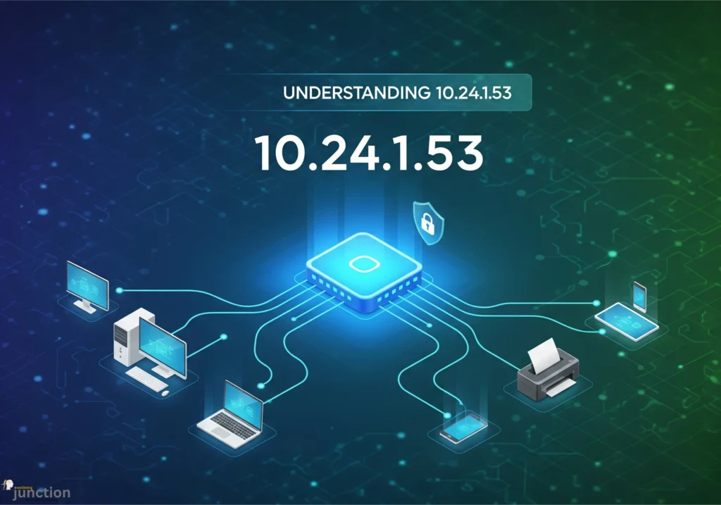 Illustration of a secure local network showing connected devices and a router highlighting the private IP 10.24.1.53 for internal networking and cybersecurity.