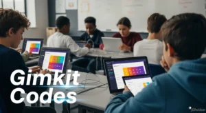 Gimkit Codes displayed on laptops in a classroom setting with students participating in live quiz games.