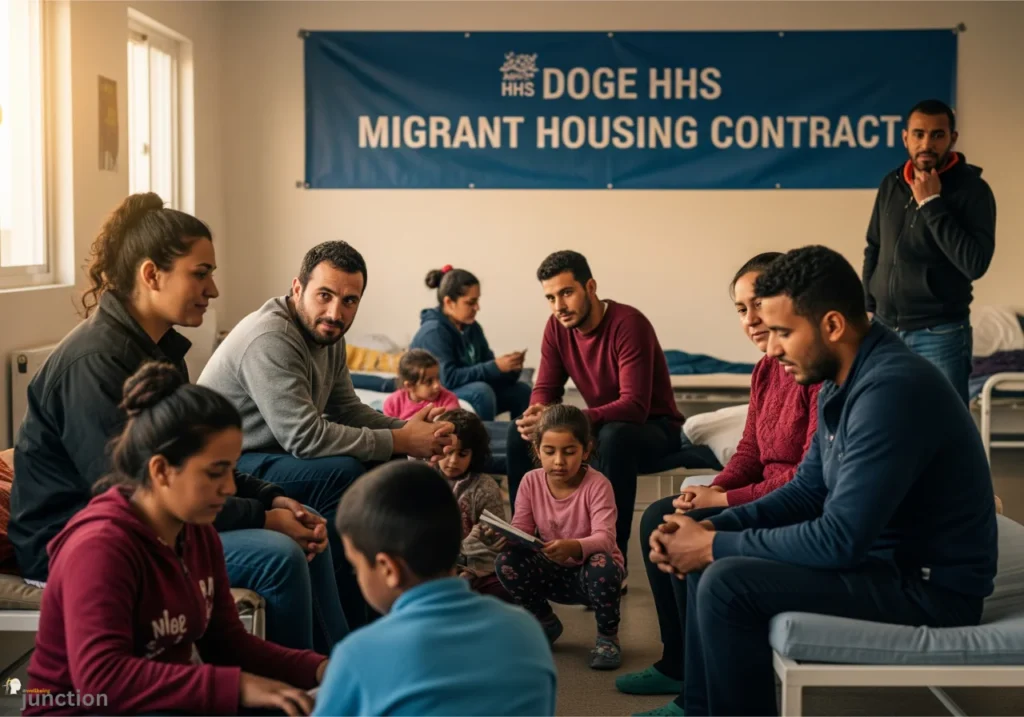 Asylum seekers in temporary shelters under the Doge HHS Migrant Housing Contract, highlighting overcrowded conditions and the need for humane housing solutions.