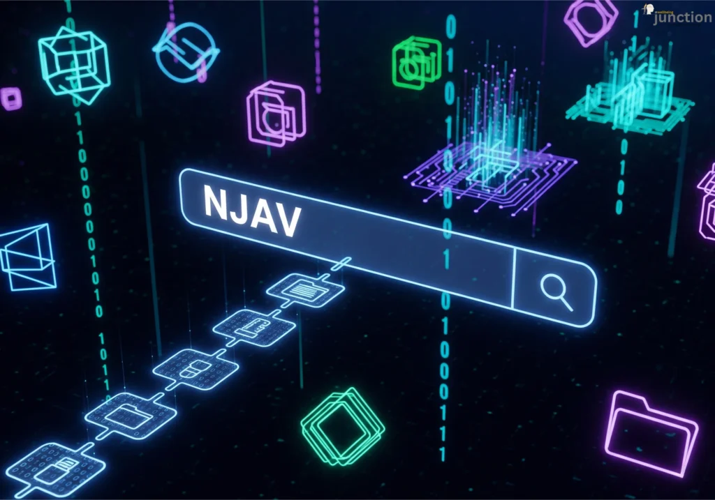 NJAV digital subculture concept with neon visuals, binary code, and glowing icons symbolizing underground internet culture.
