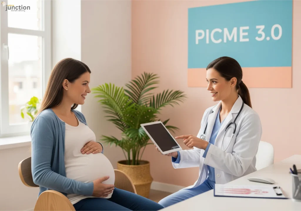 Pregnant woman consulting a doctor with warm care, symbolizing Tamil Nadu’s PICME 3.0 pregnancy care portal.