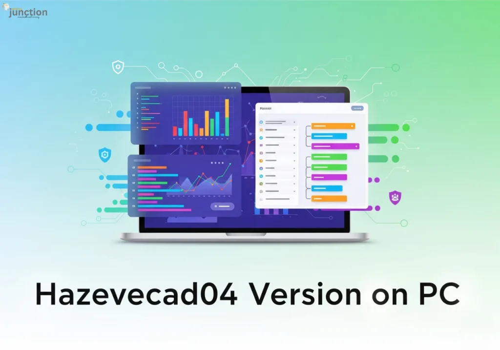 A modern flat-style illustration showing dashboards, charts, and remote collaboration on a laptop screen, representing the productivity software Hazevecad04 Version on PC.