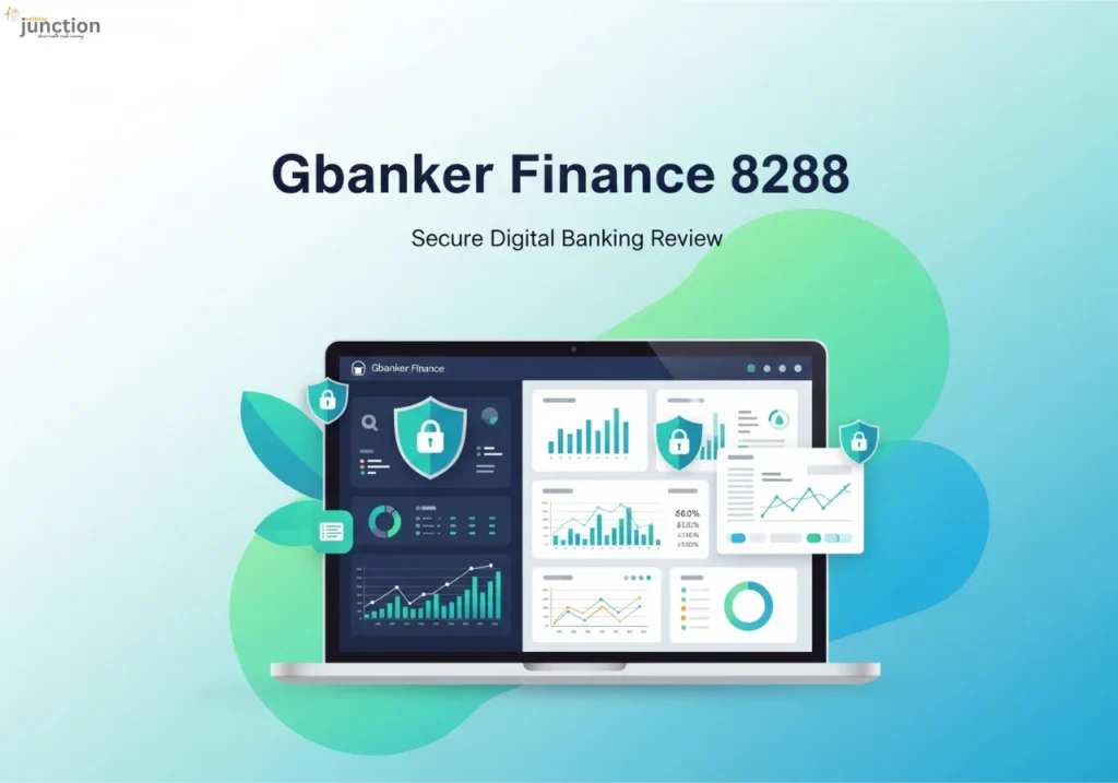 Gbanker Finance 8288 digital banking dashboard with secure login, charts, and financial tools illustration
