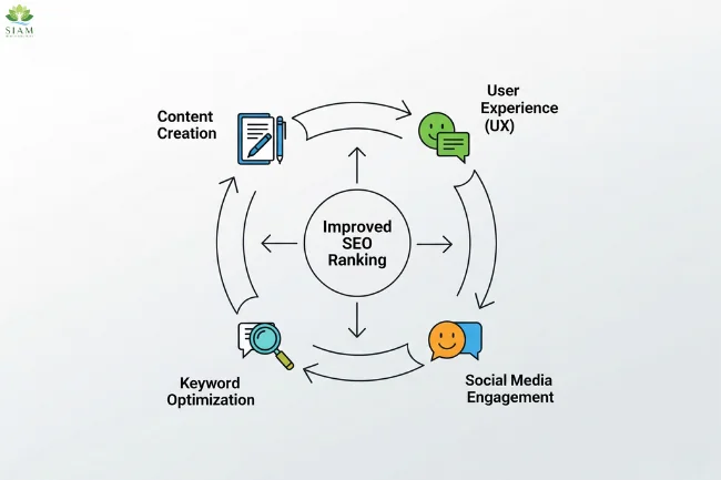Stormuring SEO Strategy: A dynamic, circular diagram showing the interconnected elements of content, keywords, social media, and user experience.