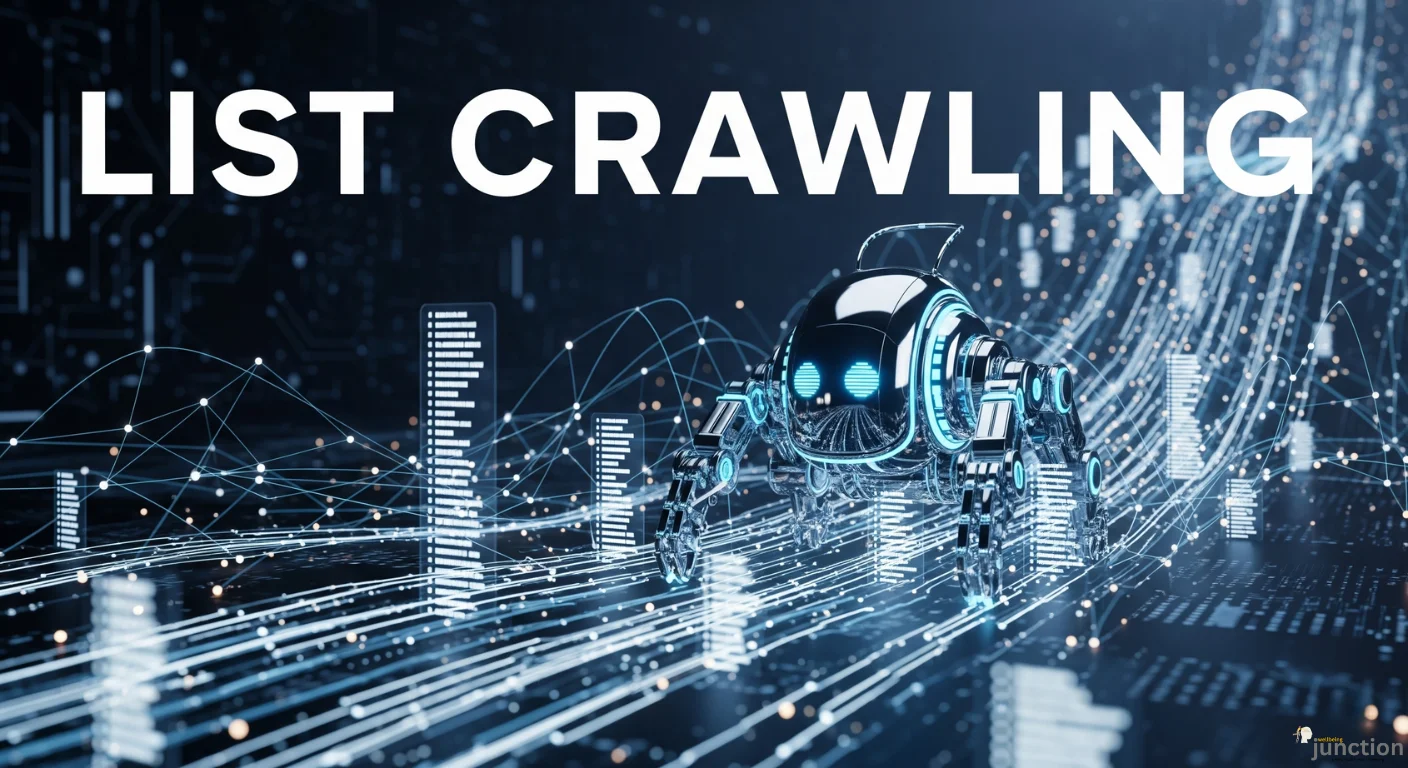 A futuristic, sleek robot navigating through a network of digital data streams, representing the process of List Crawling.