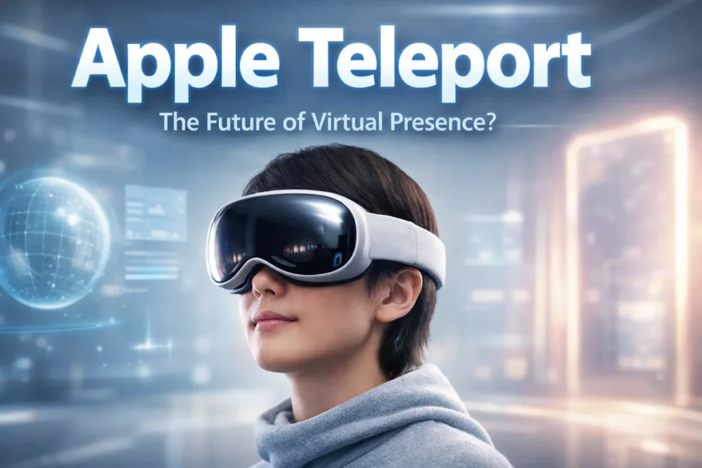 Apple Teleport featured image showing a person wearing an AR/VR headset in a futuristic mixed-reality environment