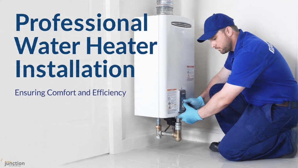 Technician installing a Water Heater in a clean home utility room, ensuring professional setup and efficiency.