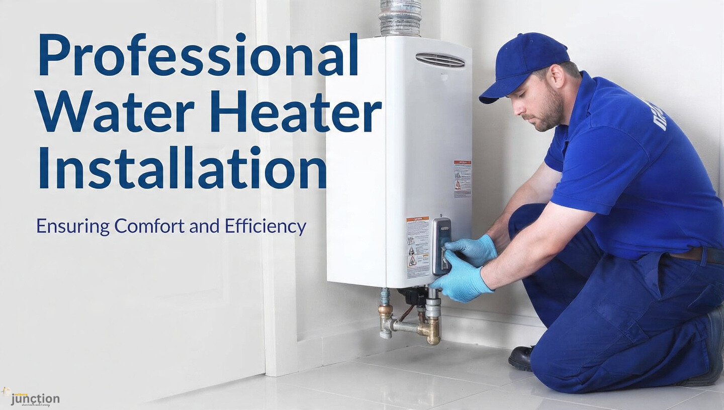 Technician installing a Water Heater in a clean home utility room, ensuring professional setup and efficiency.