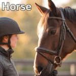 A female rider in a helmet looking affectionately into the eye of her brown horse, embodying the Bk Horse philosophy of partnership and trust.
