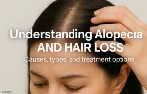 Understanding Alopecia and Hair Loss: What Products Can Help? Close-up scalp image showing visible hair thinning, illustrating Alopecia symptoms and early hair loss.