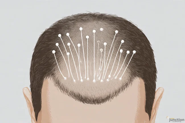 Illustration of a man with thinning hair showing scalp stimulation points, representing Alopecia treatment concepts.