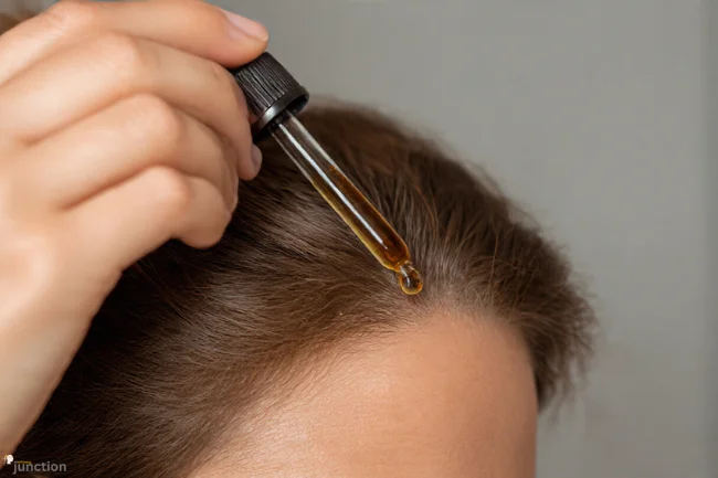A person applying scalp serum with a dropper to help manage Alopecia and support healthy hair growth.