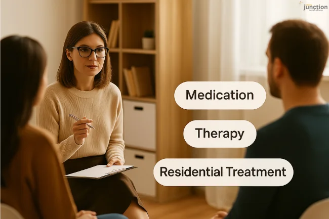 Addiction Recovery support session showing a therapist discussing different treatment options with a couple.