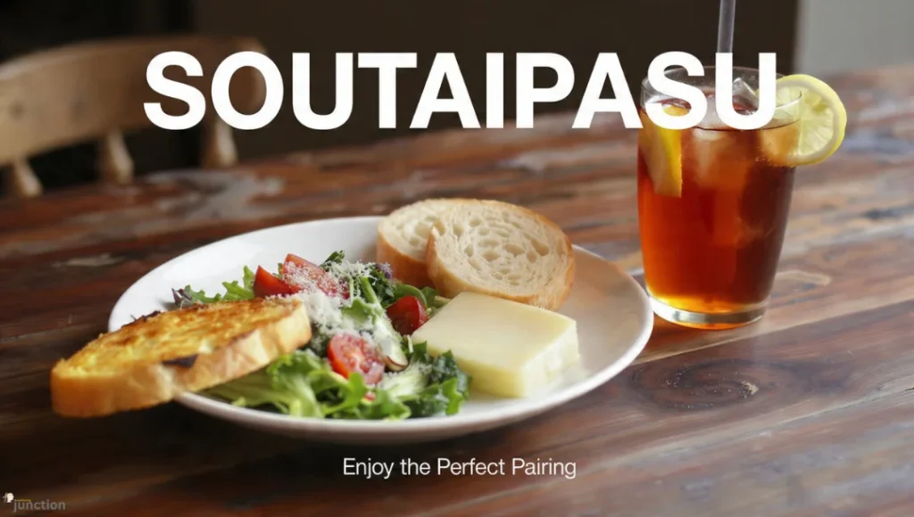 Soutaipasu food and drink pairing featuring a fresh salad with bread and iced tea on a wooden table.