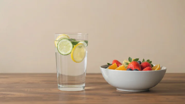 Glass of lemon and cucumber infused water beside a bowl of fresh fruit salad on a wooden table.