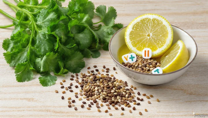 Green leaves and coriander seeds with lemon slices showing health and nutritional benefits.