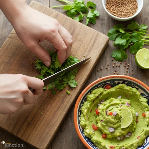 Koriandri being chopped on a cutting board and added to a bowl of fresh guacamole, with coriander seeds and lime.