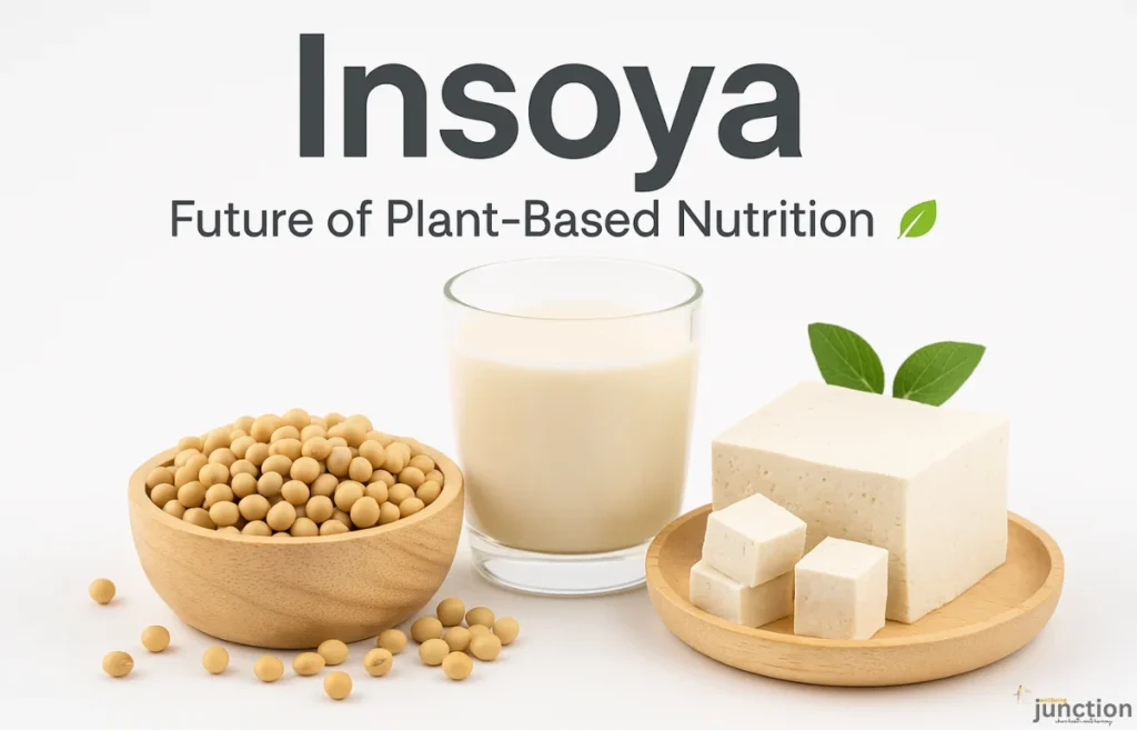 Insoya plant-based nutrition concept showing soybeans, soy milk, and tofu on a clean white background