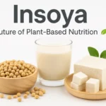 Insoya plant-based nutrition concept showing soybeans, soy milk, and tofu on a clean white background