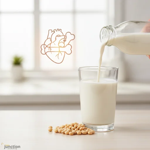 Insoya soy milk being poured into a glass with soybeans, symbolizing heart and bone health benefits