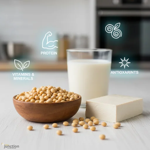Insoya concept showing soybeans, tofu, and soy milk with icons for protein, vitamins, minerals, and antioxidants