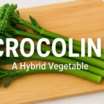 Crocolini on a cutting board — hybrid vegetable with florets and long stems.