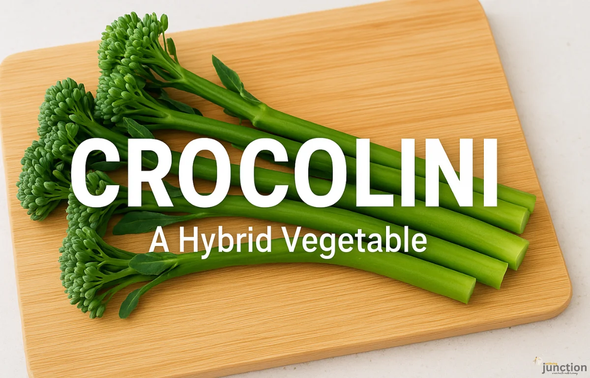 Crocolini on a cutting board — hybrid vegetable with florets and long stems.