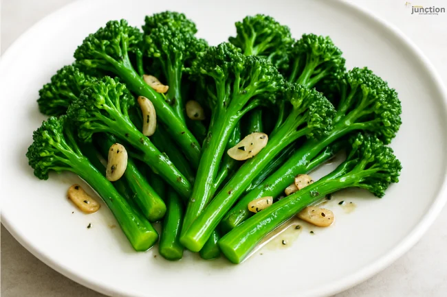 Sautéed Crocolini on a white plate with garlic slices, showcasing bright green color and crisp stems.