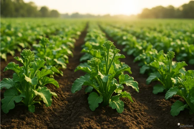 Crocolini-style leafy green vegetable growing in a farm field, representing sustainable agriculture.