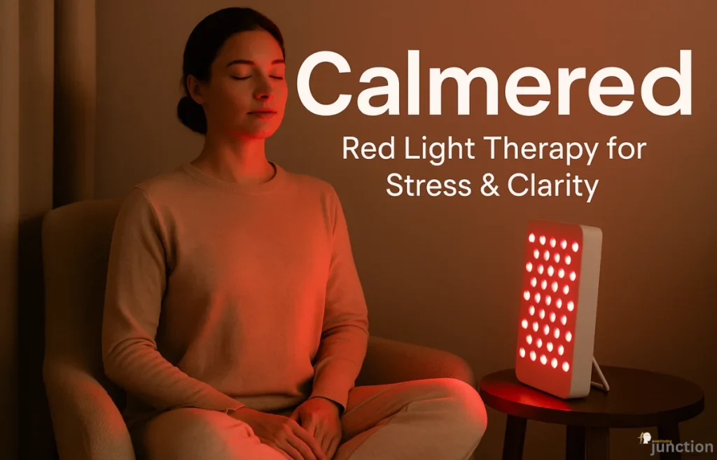 Person relaxing during Calmered red light therapy session, promoting stress relief and mental clarity.