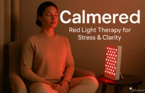 Person relaxing during Calmered red light therapy session, promoting stress relief and mental clarity.