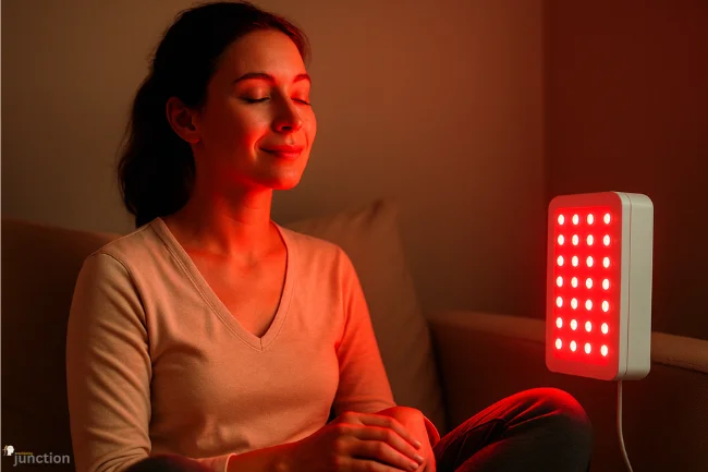 Calmered red light therapy session showing a calm person relaxing with soft red light on the face for emotional balance.