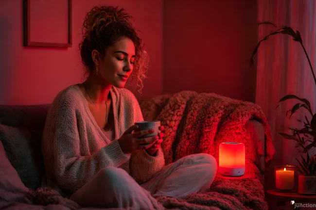 Woman relaxing with Calmered red light therapy, sitting in a cozy corner with a warm drink and candlelight.