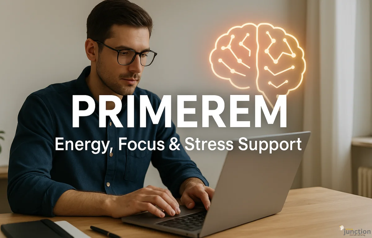 Man working with calm focus on a laptop, representing mental clarity and productivity supported by Primerem.