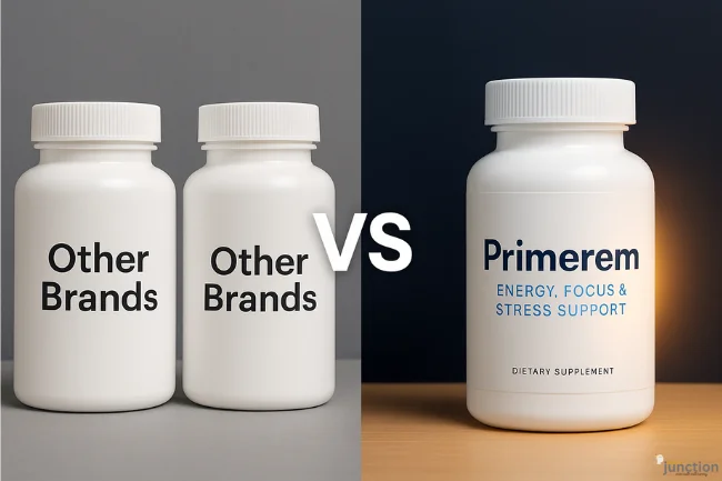 Comparison image showing generic supplement bottles labeled “Other Brands” on the left and a glowing Primerem bottle on the right, highlighting quality and transparency.