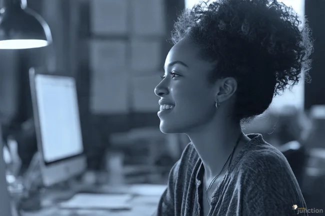 Focused woman smiling while working at a computer in a calm workspace, representing energy and clarity supported by Primerem.