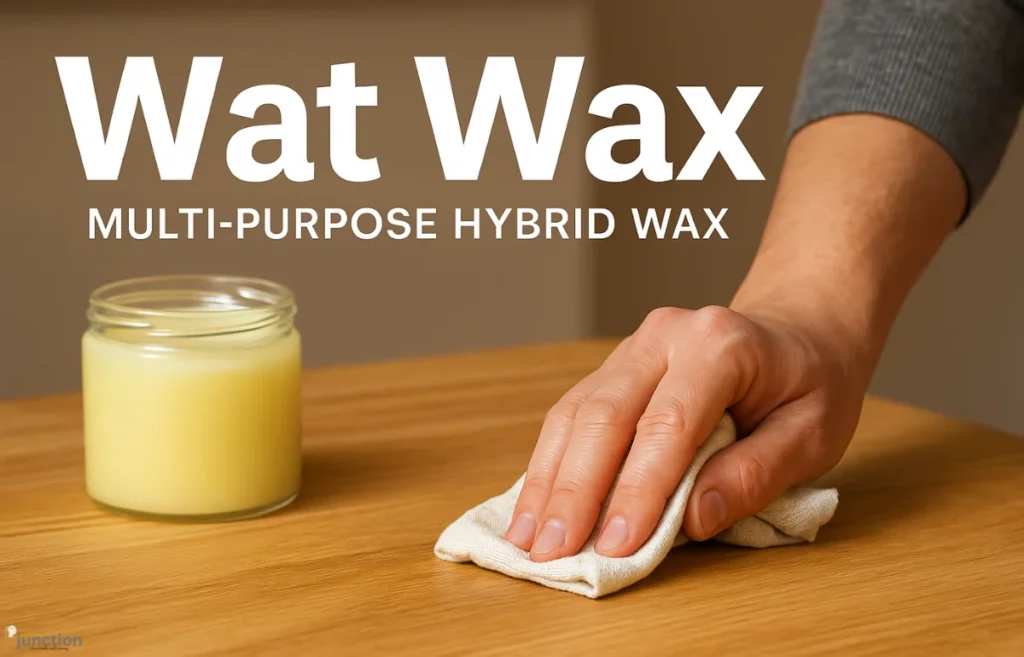 Hand applying Wat Wax to a wooden table for a smooth DIY furniture finish – Wat Wax product jar visible.