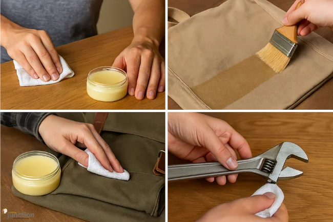 Wat Wax being applied on wood, fabric, and metal tools, demonstrating its versatile home improvement uses.
