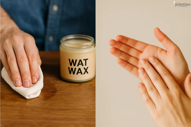 Hands applying Wat Wax on wood on one side and rubbing the wax onto skin on the other, showing dual use for DIY and skincare.