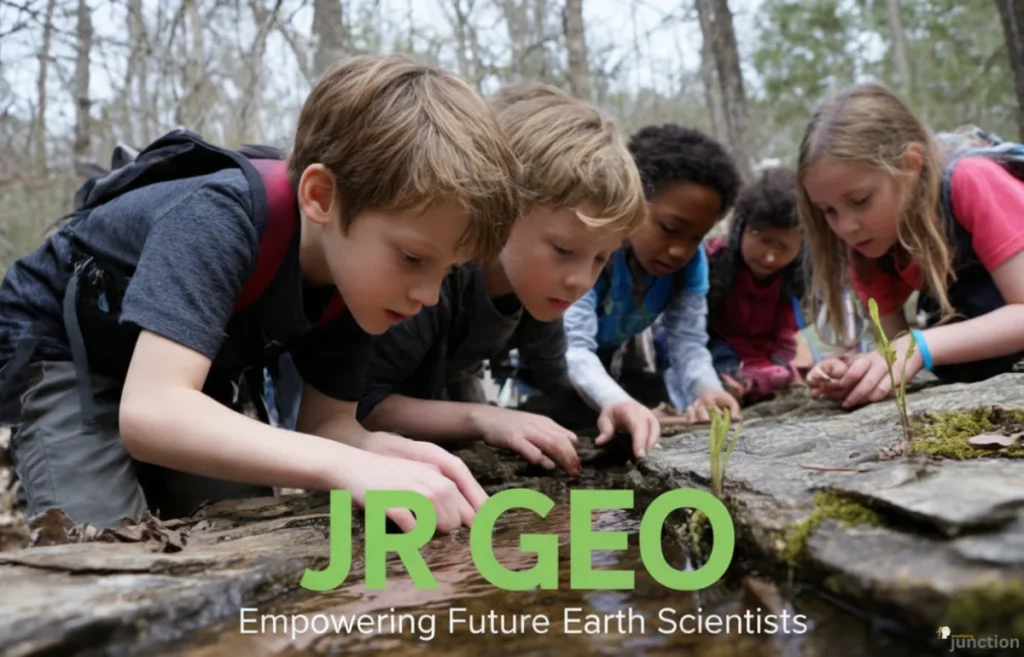 Jr Geo students exploring water in a forest, examining nature for hands-on learning