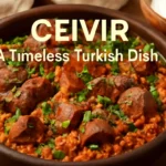 Ceıvır - A close-up of traditional Turkish dish with tender meat, bulgur, and fresh herbs in a rustic bowl.