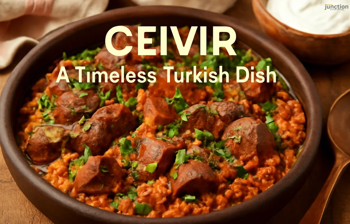 Ceıvır - A close-up of traditional Turkish dish with tender meat, bulgur, and fresh herbs in a rustic bowl.
