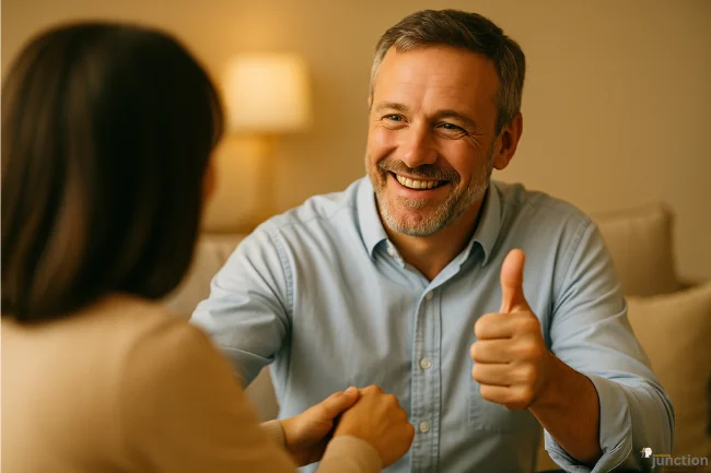 Addiction Recovery encouragement shown through a supportive thumbs-up and warm conversation.