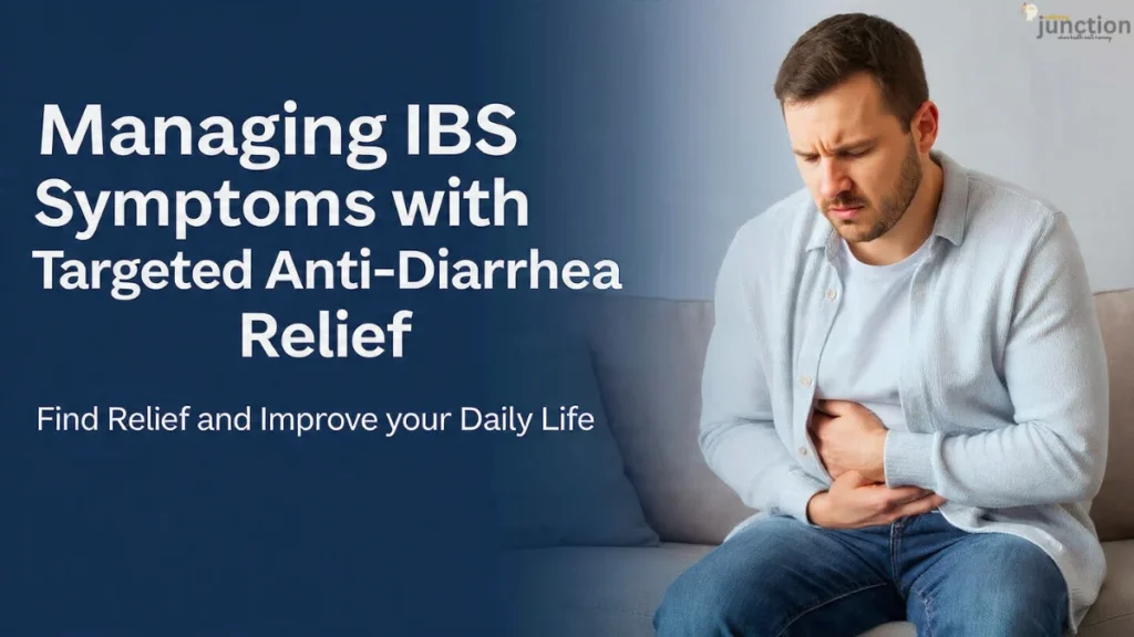 IBS Symptoms: Man experiencing abdominal pain and discomfort, seeking relief with targeted anti-diarrhea medication.