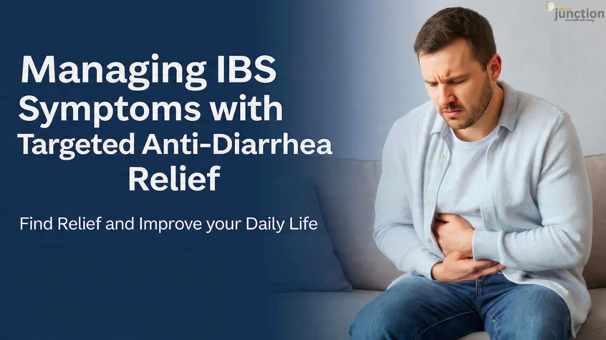 IBS Symptoms: Man experiencing abdominal pain and discomfort, seeking relief with targeted anti-diarrhea medication.