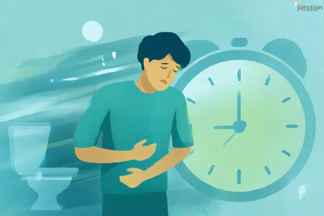 Illustration of a person experiencing IBS Symptoms, with abdominal discomfort and a clock symbolizing urgency and unpredictability.
